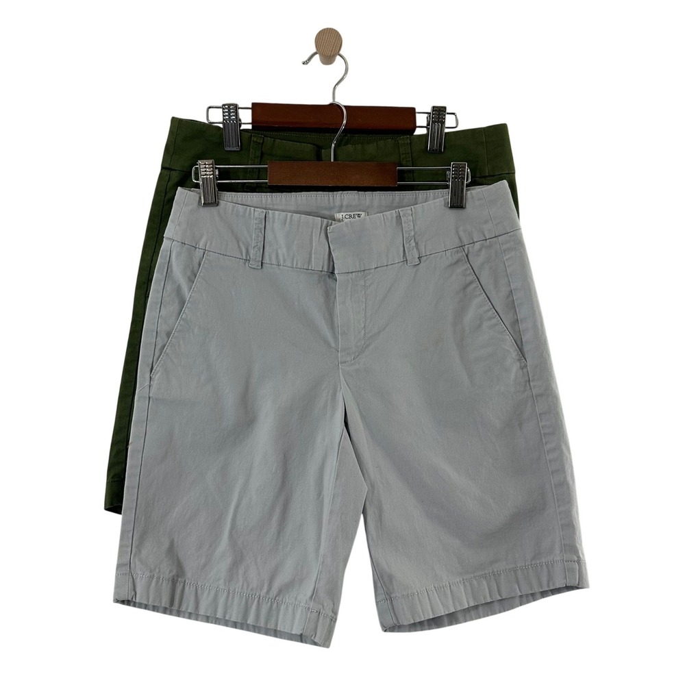 J Crew Womens Chino Shorts Lot of 2 Olive Green Light Grey Size 0 Mid Rise 9in
